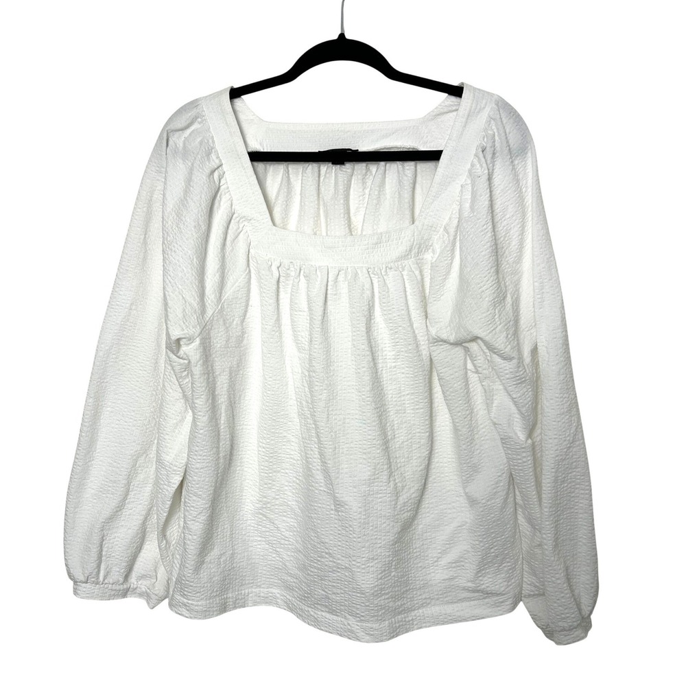 J.Crew Blouse Women XL White Square Neck Seersucker Peasant Boho Coastal Classic